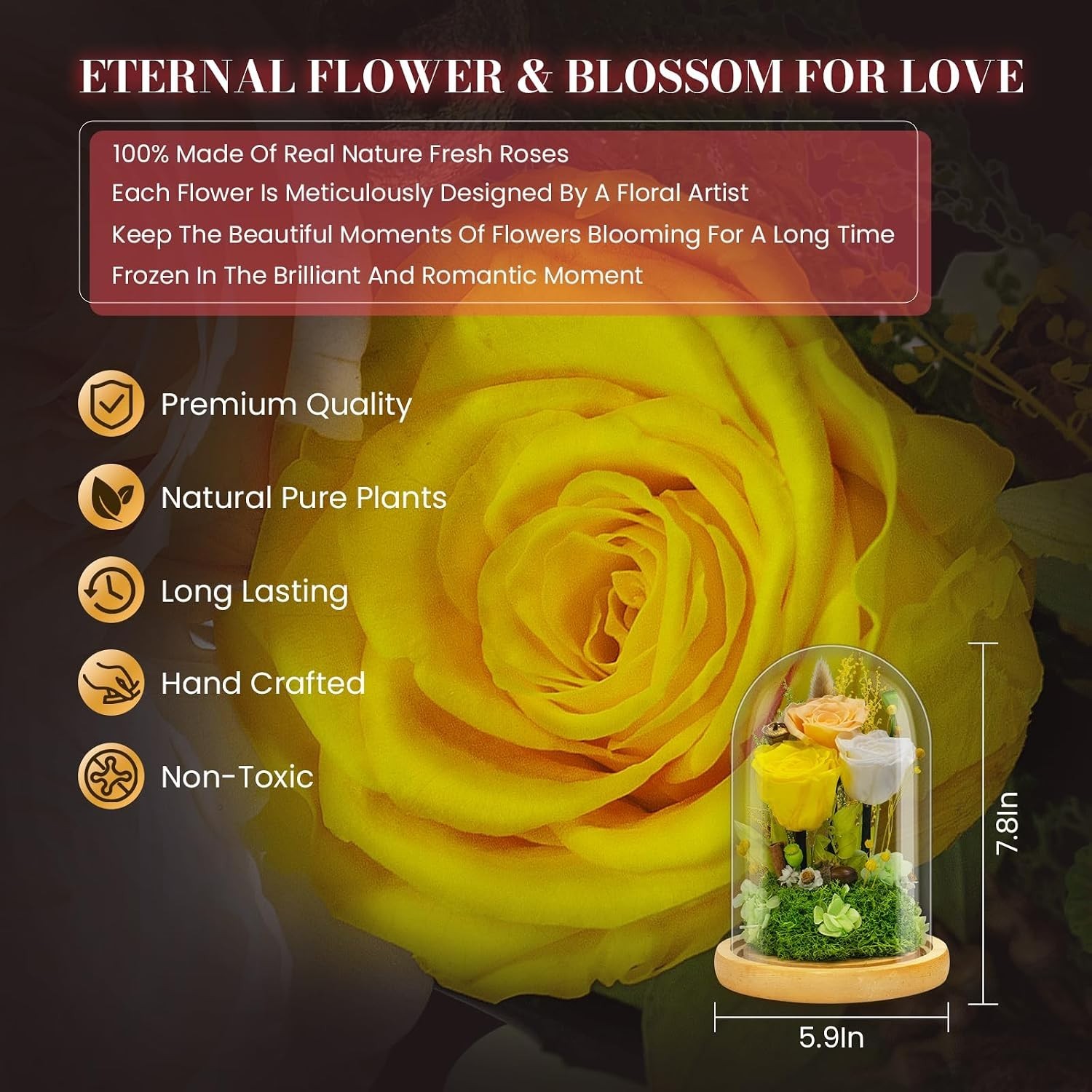 DUONABEILA Preserved Flowers Gifts for Mom Grandma, Eternal Rose in Glass Dome
