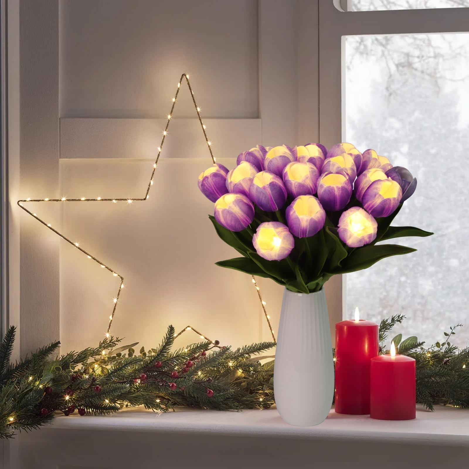 20 Stems LED Lighted Artificial Flowers Tulip Lamp Real Touch Tulips Faux Flo…