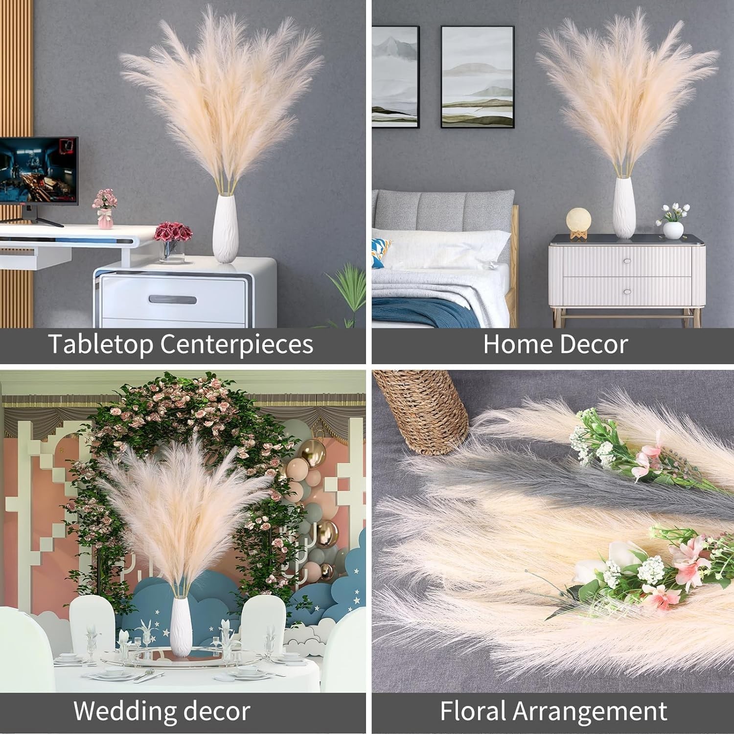 Pampas Grass Decor Tall, 43″/110cm Faux Pampas Grass 6 Stems Large Pompass Gr…