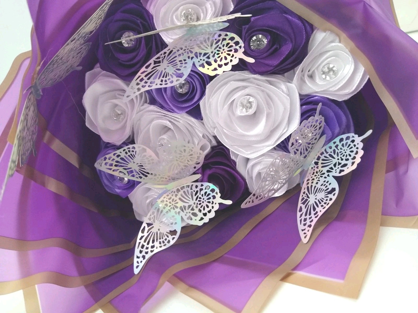 Eternal Roses Bouquet Purple 12 Flowers Butterflies 17″ X 10″ Wedding Celebrate