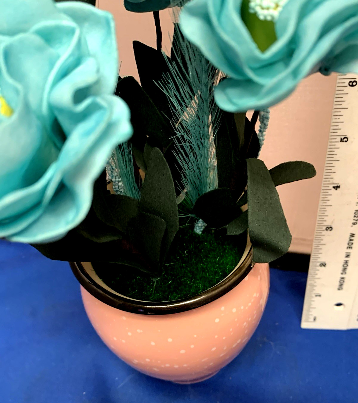 14″Aqua Blue 3″ Open Roses Artificial Silk Flowers Teal in Pink ceramic Vase
