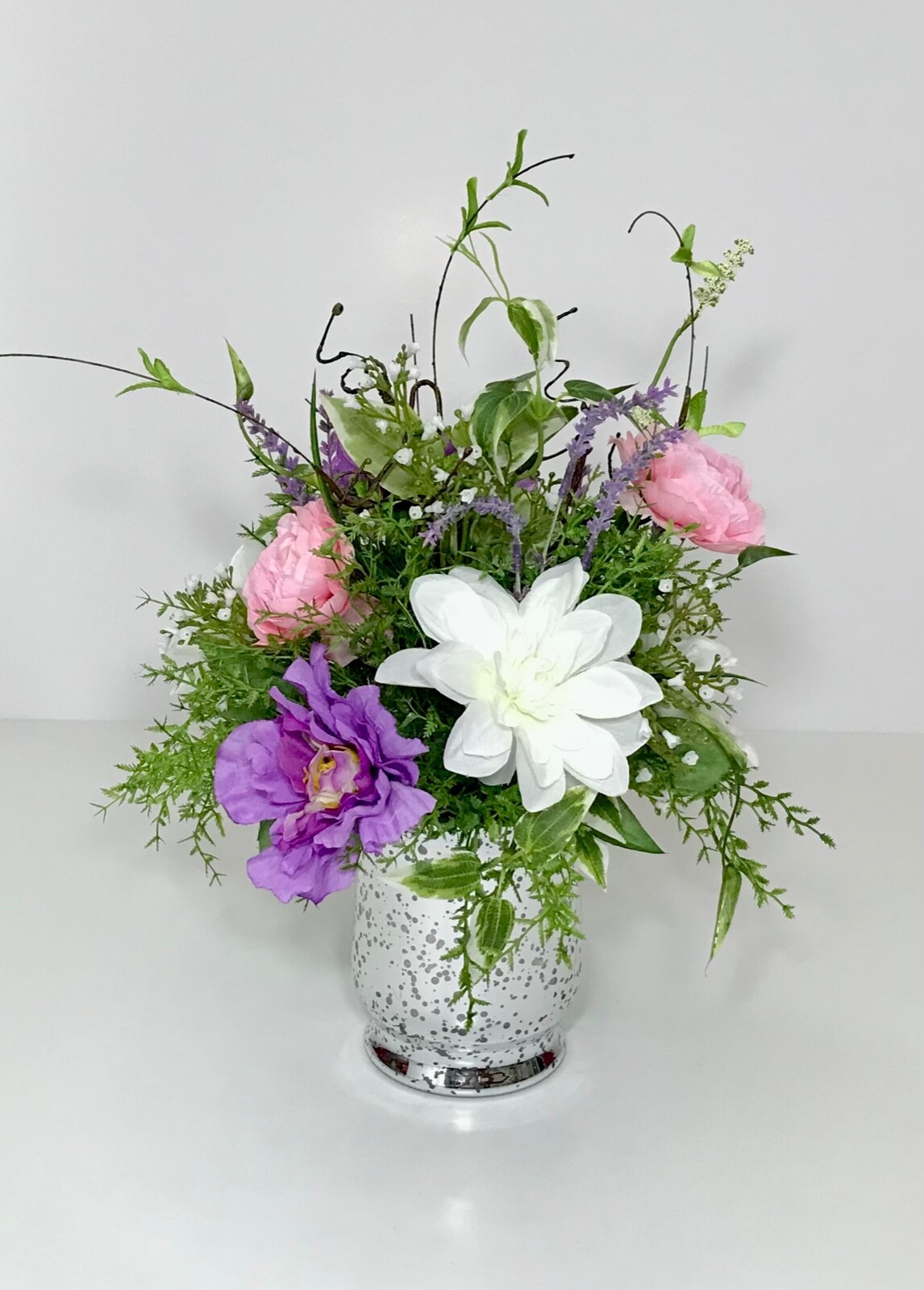 PINK PURPLE WHITE FLOWERS ARRANGEMENT MIRRORED GLASS VASE CENTERPIECE GIFT NEW