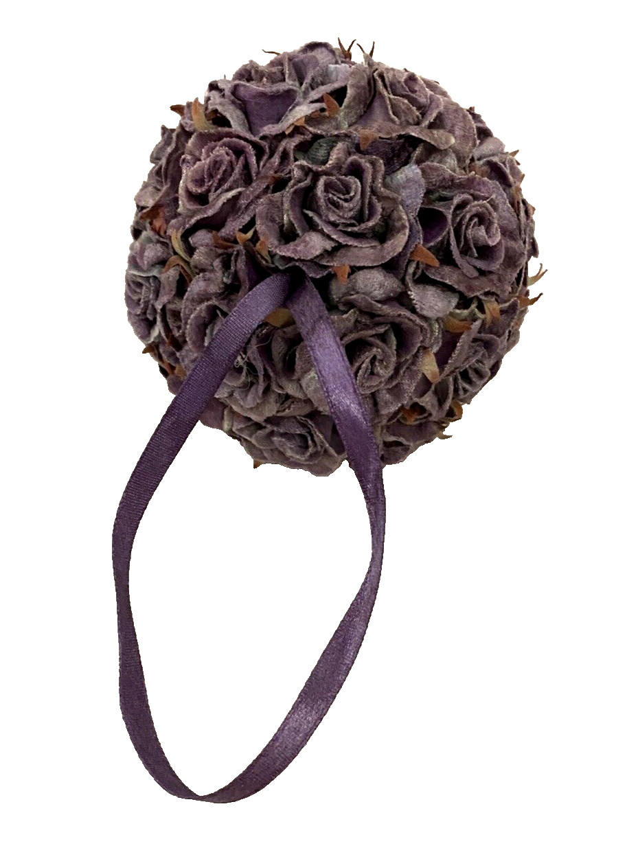 3 Purple Roses Balls w Ribbon hangers approx. 4.5″ diameter Velvet roses MINT