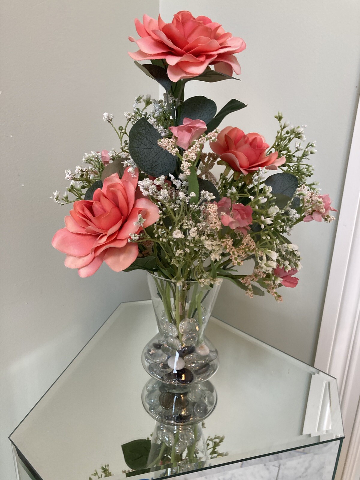 Artificial Floral Arrangement peach &white,glass vase,faux water w/marble.16×11