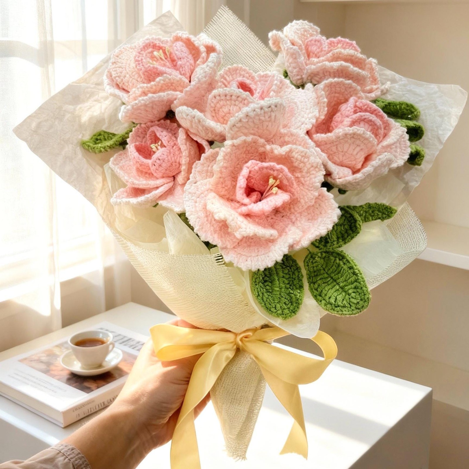 Crochet Rose Bouquet Handmade Yarn Flowers Anniversary Home Decor Keepsake Gift