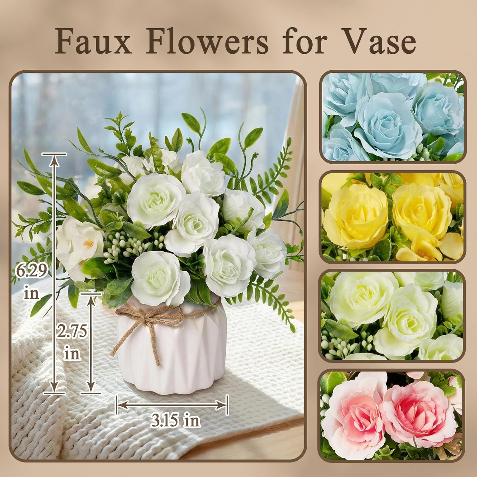 Artificial Silk Roses in Ceramic Vase, No Maintenance Faux Flower Arrangement