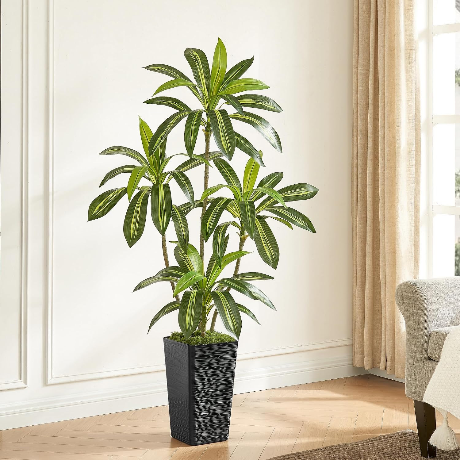 5FT Artificial Dracaena Tree with Black Planter and Fake Moss – Real Touch Fake