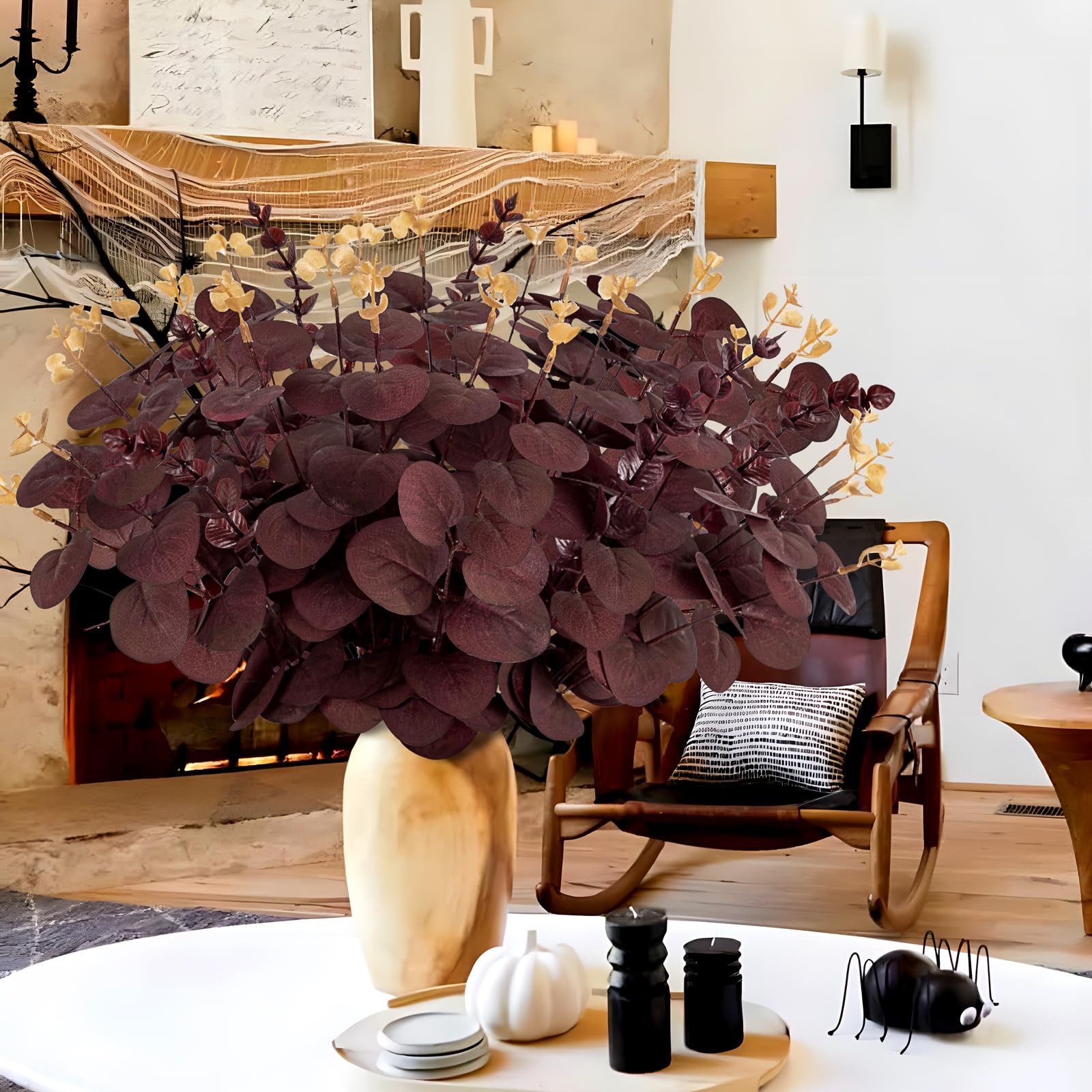 20PCS Dark Wine Red Halloween Eucalyptus Stems Artificial Fake Flowers Bulk D…