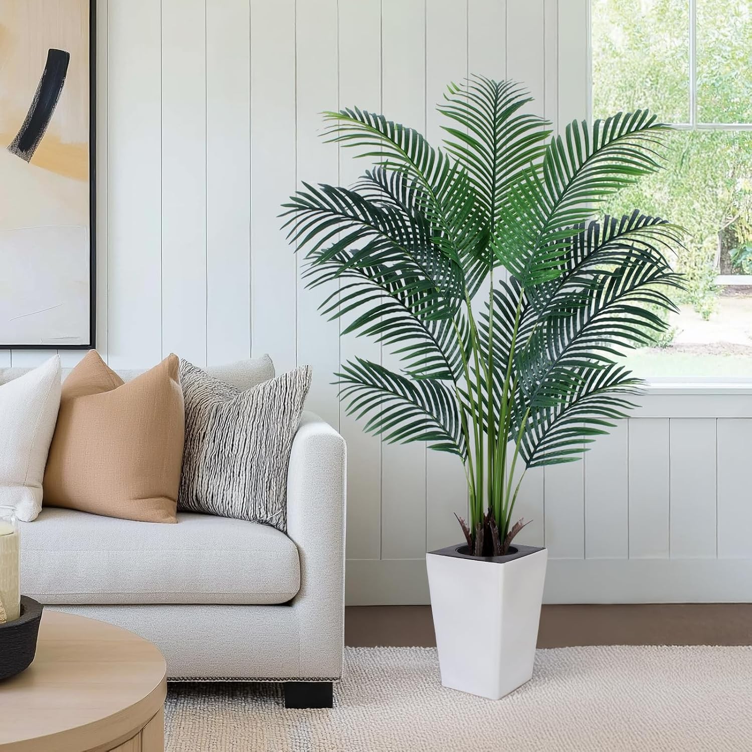 Artificial Palm Tree with White Tall Planter, 5Ft Tall Potted Artificial Silk Pa