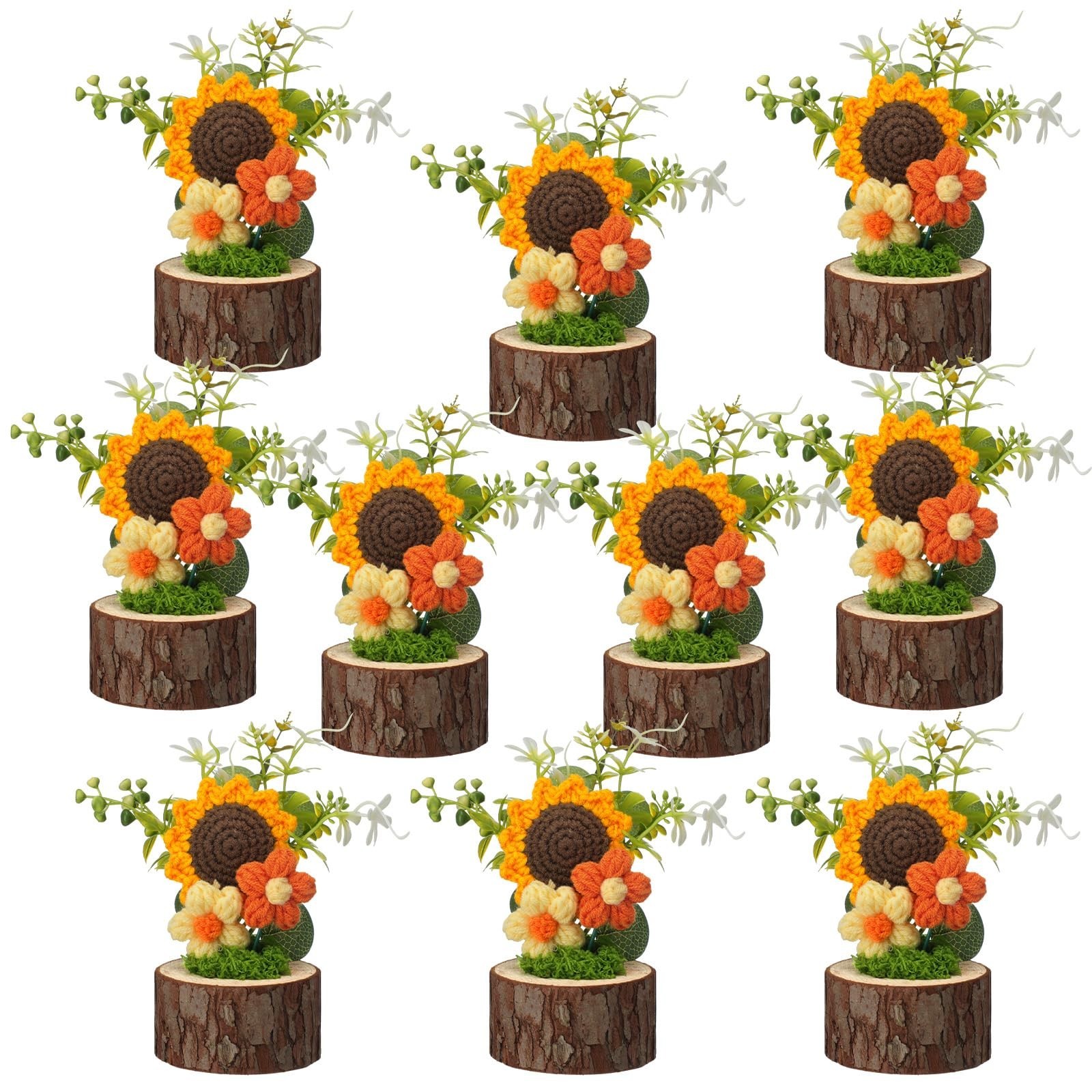 10 Pcs Handmade Sunflower Crochet Flowers Bouquet – Summer Gift, Mini Floral Dec