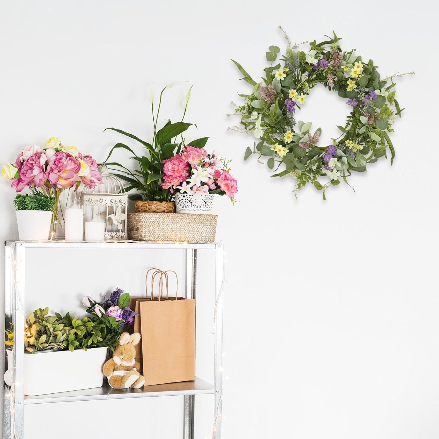 20-Inch Handcrafted Spring Summer Wreath with Eucalyptus & Multi-Colored Flowers