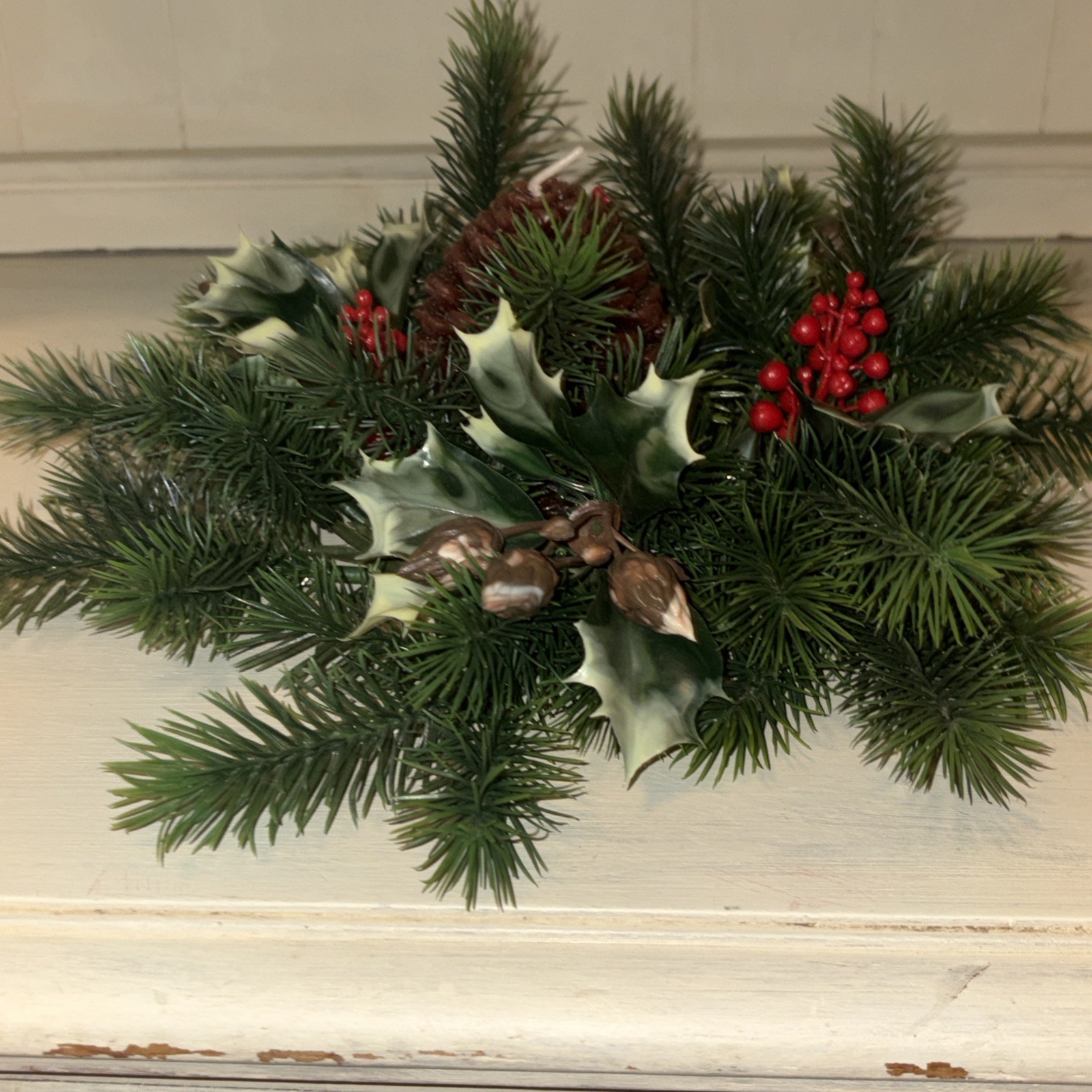 12 ” HOLLY &PINE CANDLE RING center 4.5 opening0 HOLIDAY DECOR