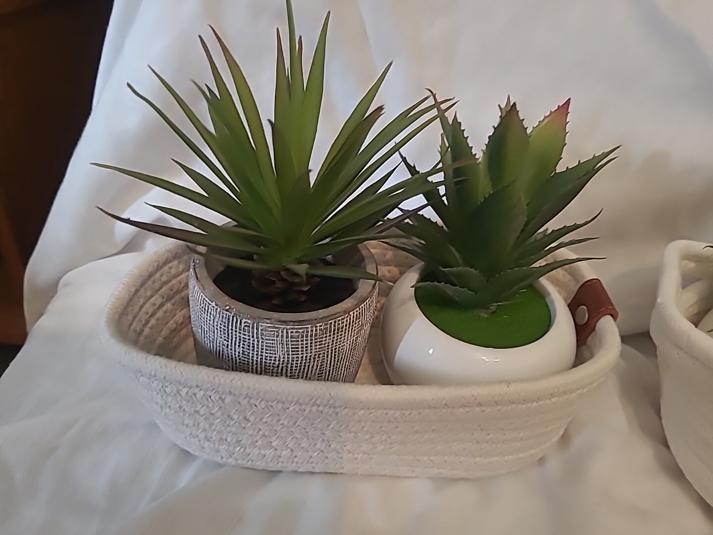 Set of 4 Decorative & Artificial Green Plants-White In Ceramic Pots W/baskets