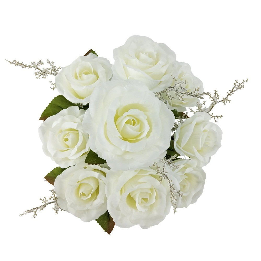 Artificial White Rose Bush Flower Arrangement for Home Decor 17.5 Inch