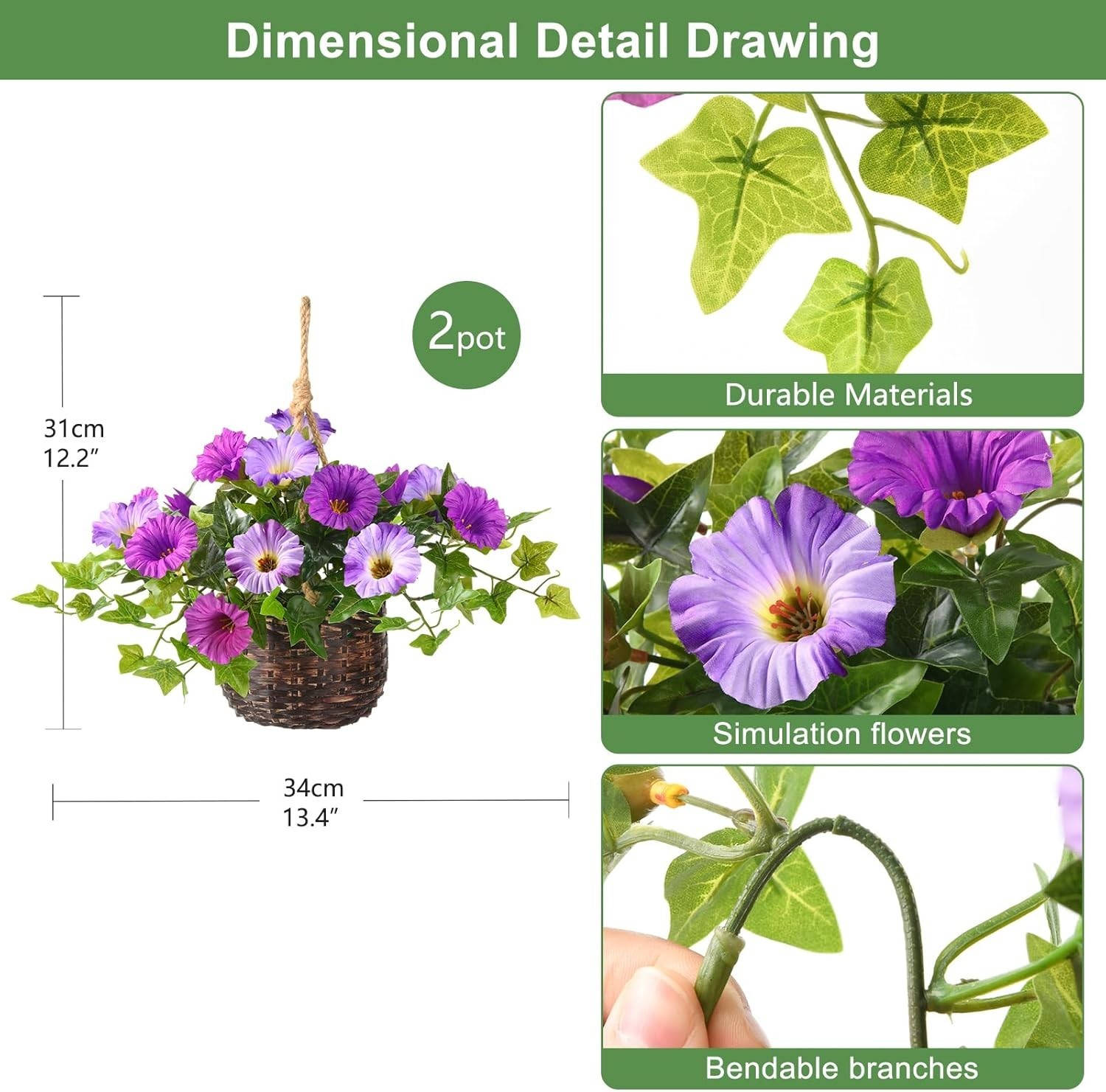 2 Set Artificial Outdoor Flowers with Hanging Basket, 2 Hanging Planters Faux…