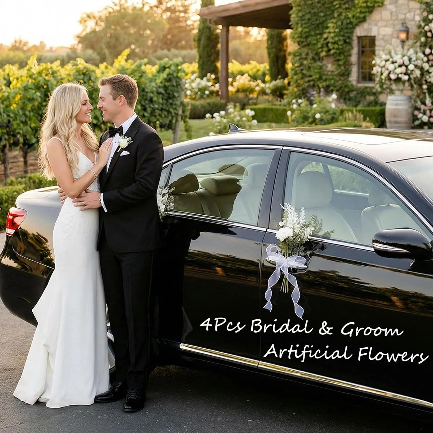 4pcs White Rose Wedding Car Decorations – Romantic Just Married Floral Accent fo
