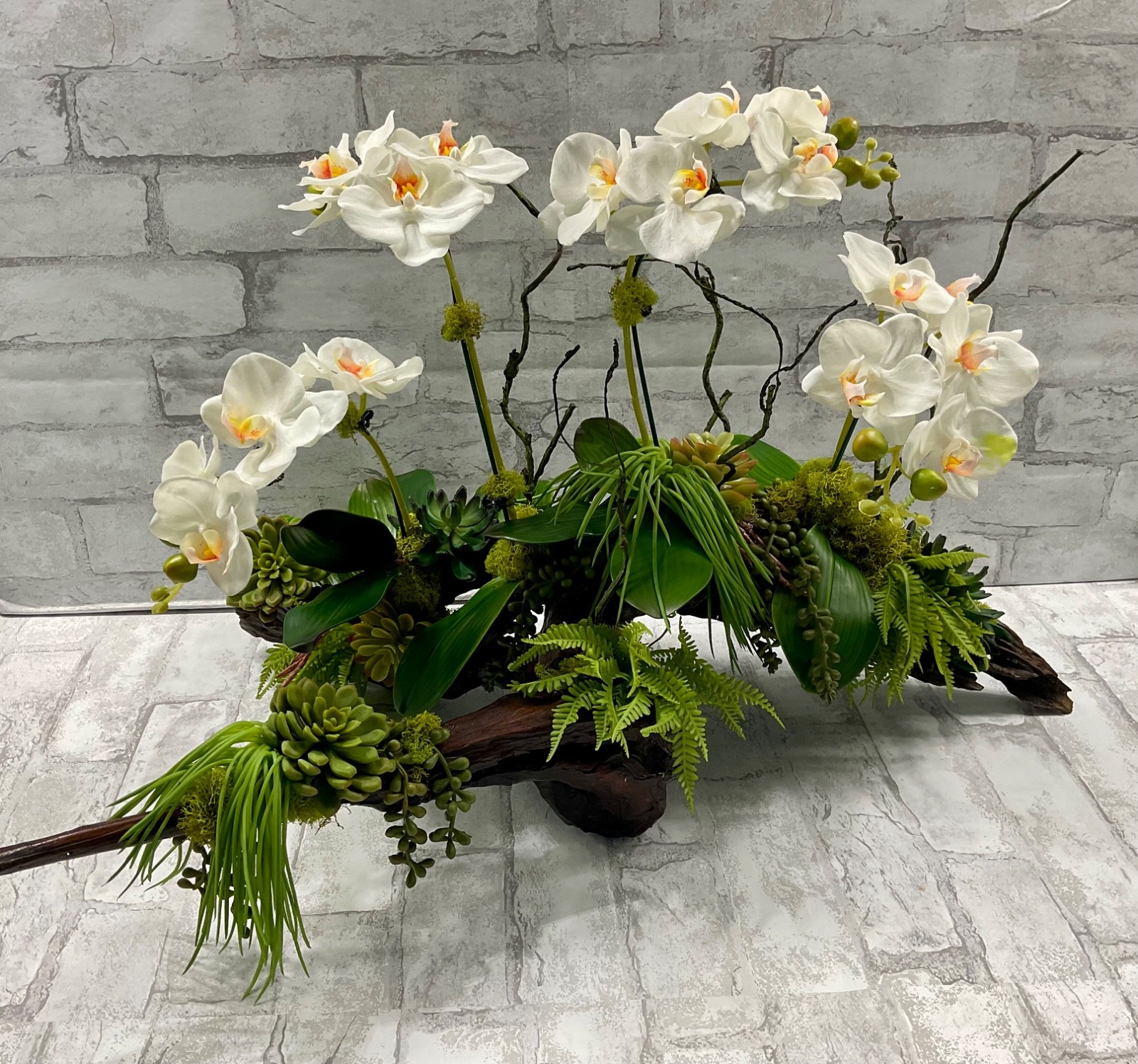 Large Driftwood Orchid Arrangement, White Real Touch Orchids Succulents 28’x17′