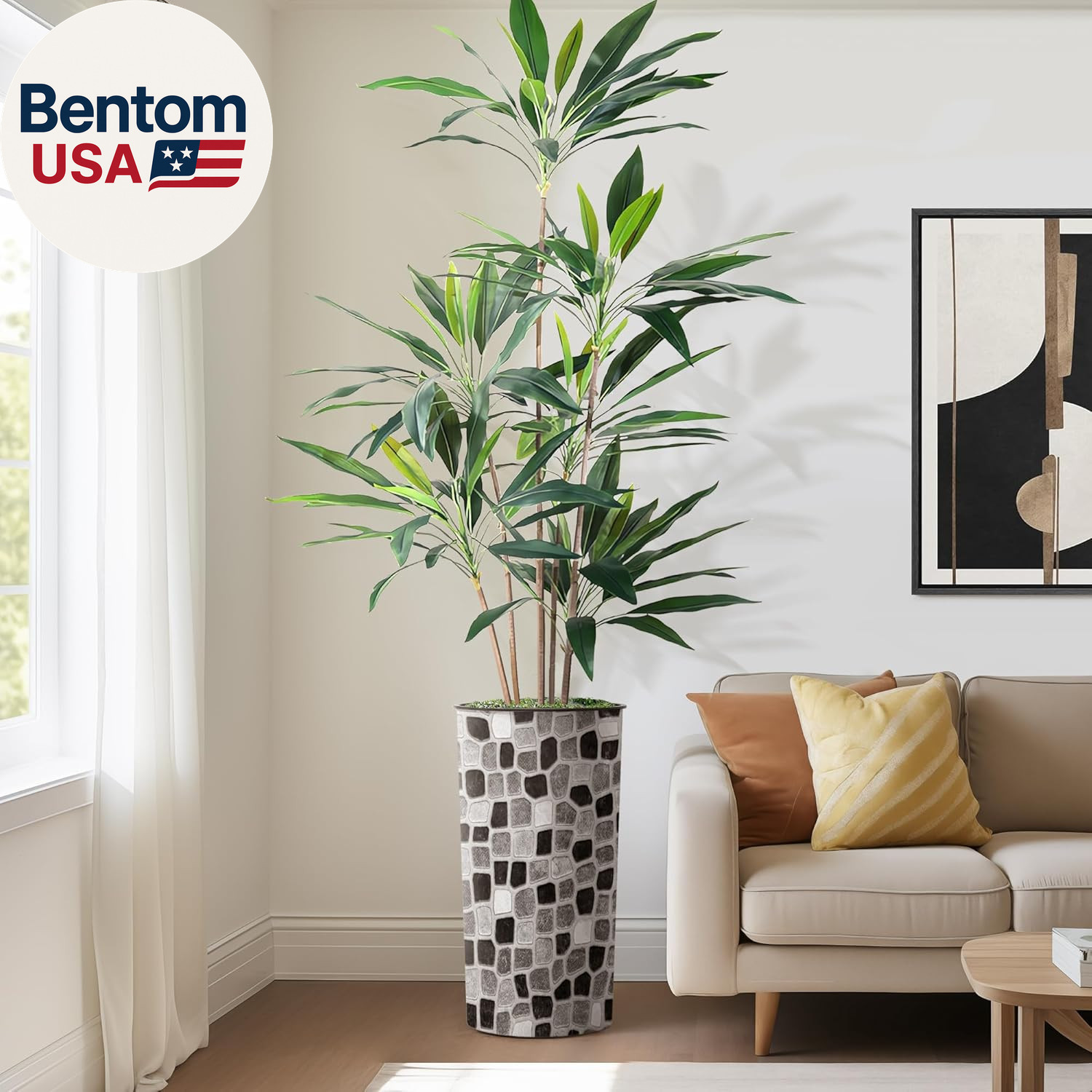 Artificial Tree in Modern Geometric Pattern Planter, Fake Dracaena Tree Silk Tre