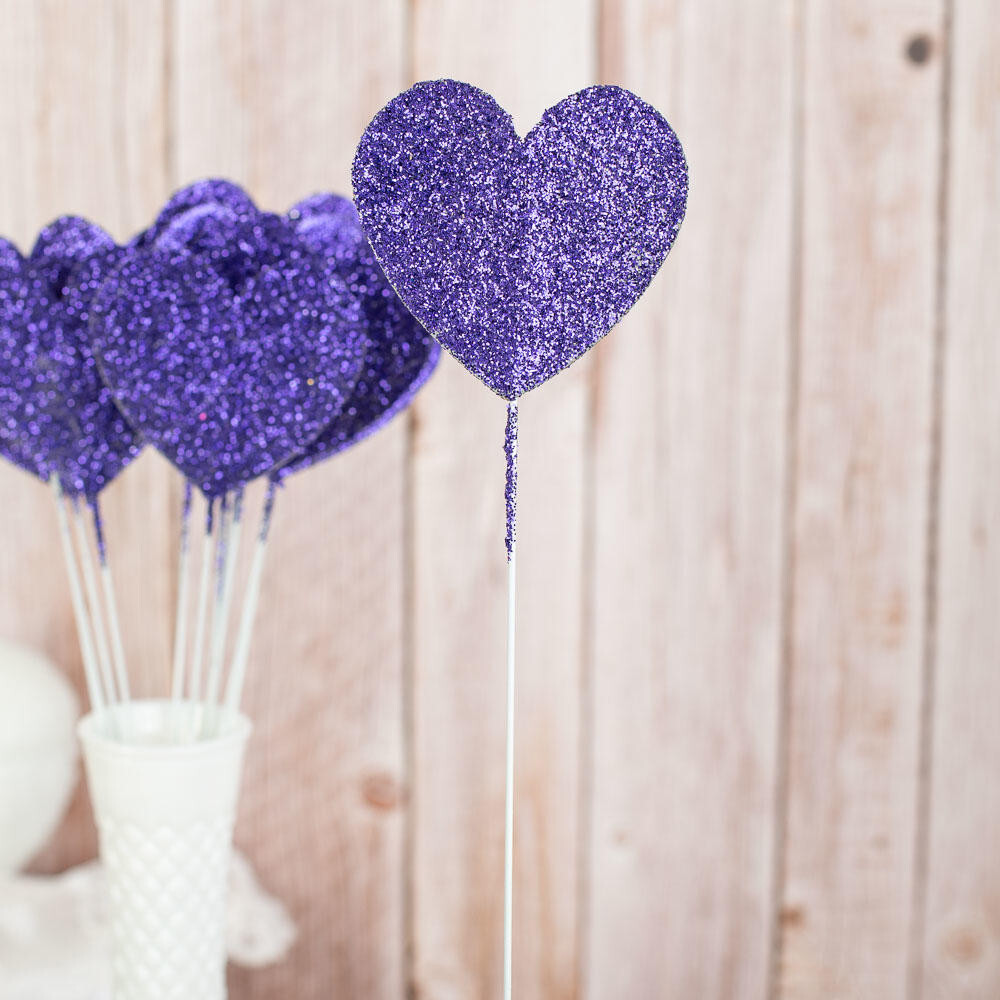 Package of 24 Purple Glittered Heart Floral 15″ Picks