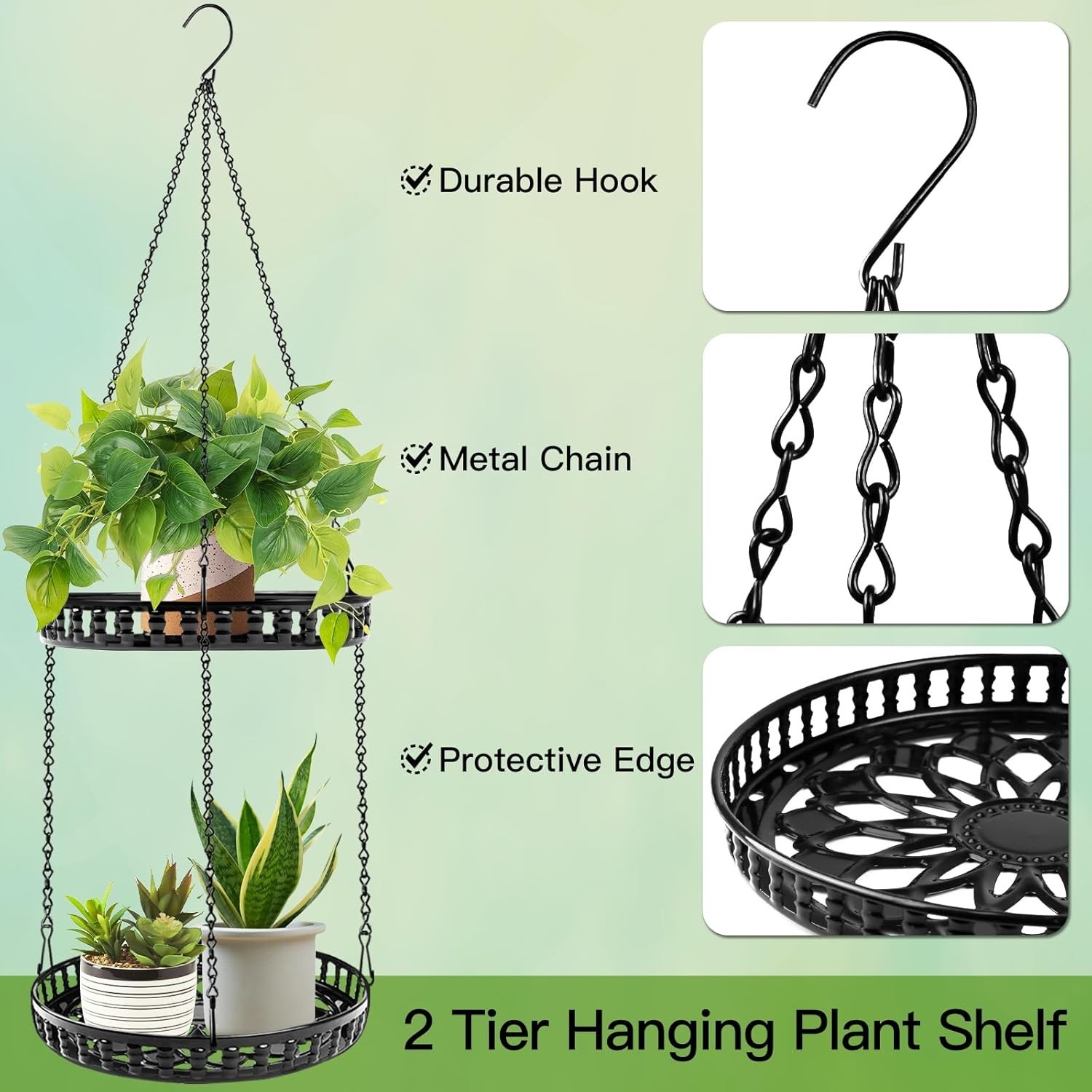 Plant Hanger Indoor Outdoor, 2 Tier Hanging Planter Plant Shelf, Metal Hanging..