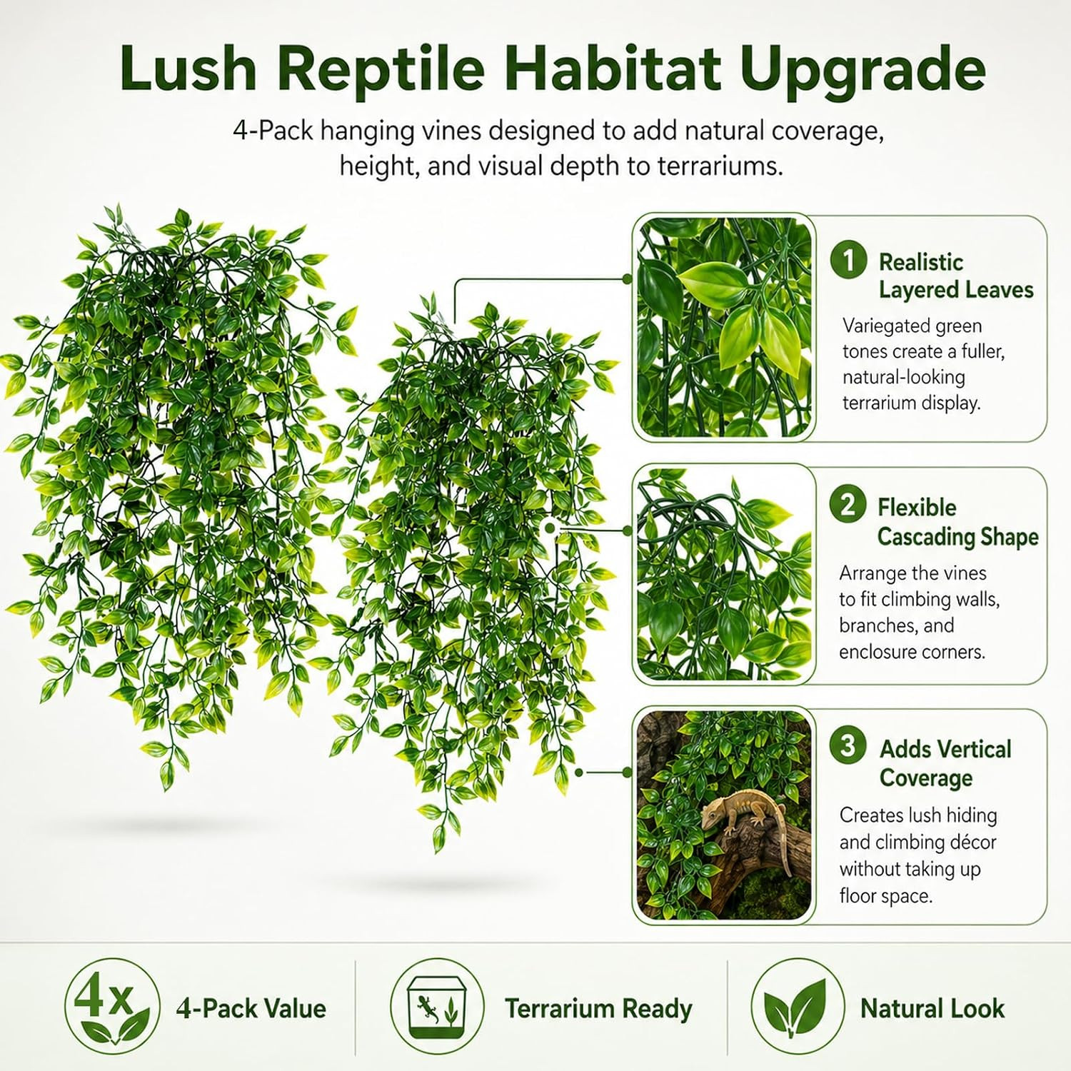 4 Pieces Reptile Plants, Terrarium Snake Hanging Plants Vines Decor Artificial L
