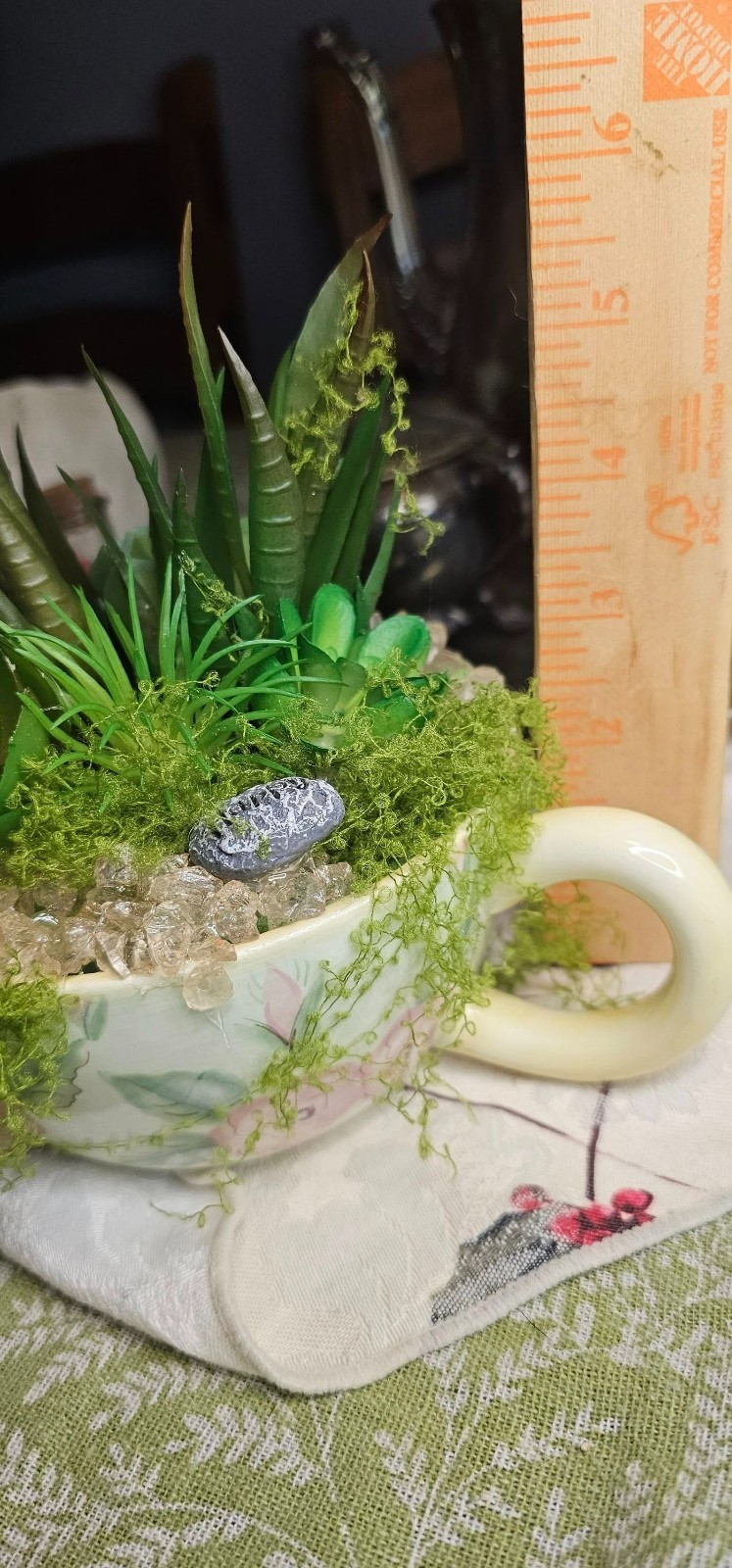 OOAK Upcycled DIY Succulent Tea Cup Fake Artificial Plant Decor Rose Quartz