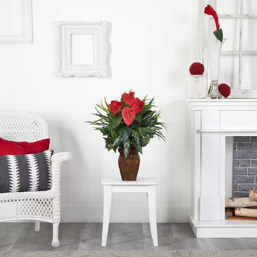 26 In. Green Artificial Mixed Greens and Anthurium in Decorative Vase