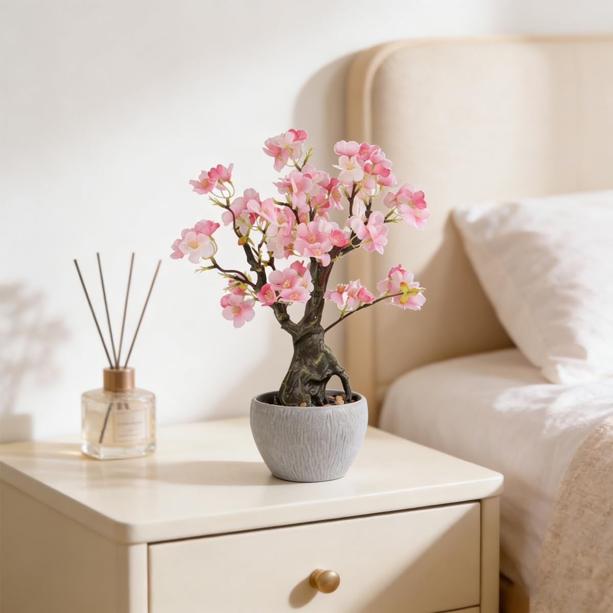 Artificial Pink Cherry Floral Potted,15.7” Tall Fake Bonsai Flowers Tree,Blo…