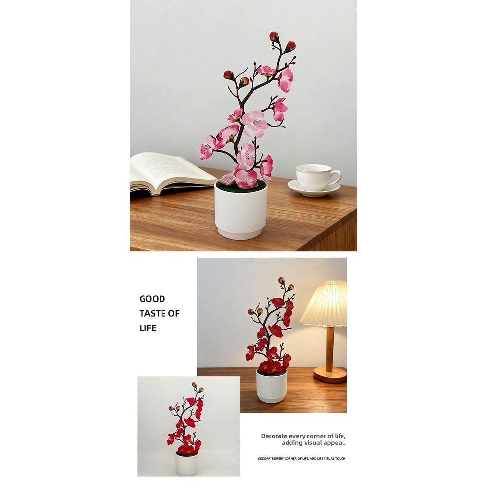 Plastic Potted Artificial Flower Bonsai with Natural-Looking Plum Blossom