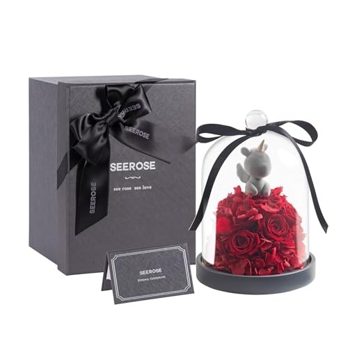 Preserved Rose with Unicorn in Glass Dome, Eternal Real Rose Red Lucky Unicorn