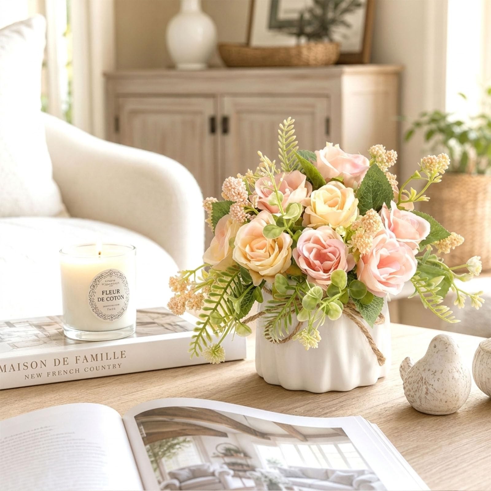 Artificial Rose Flower Plants with Small Ceramic Vase Fake Silk Variety Flowe…