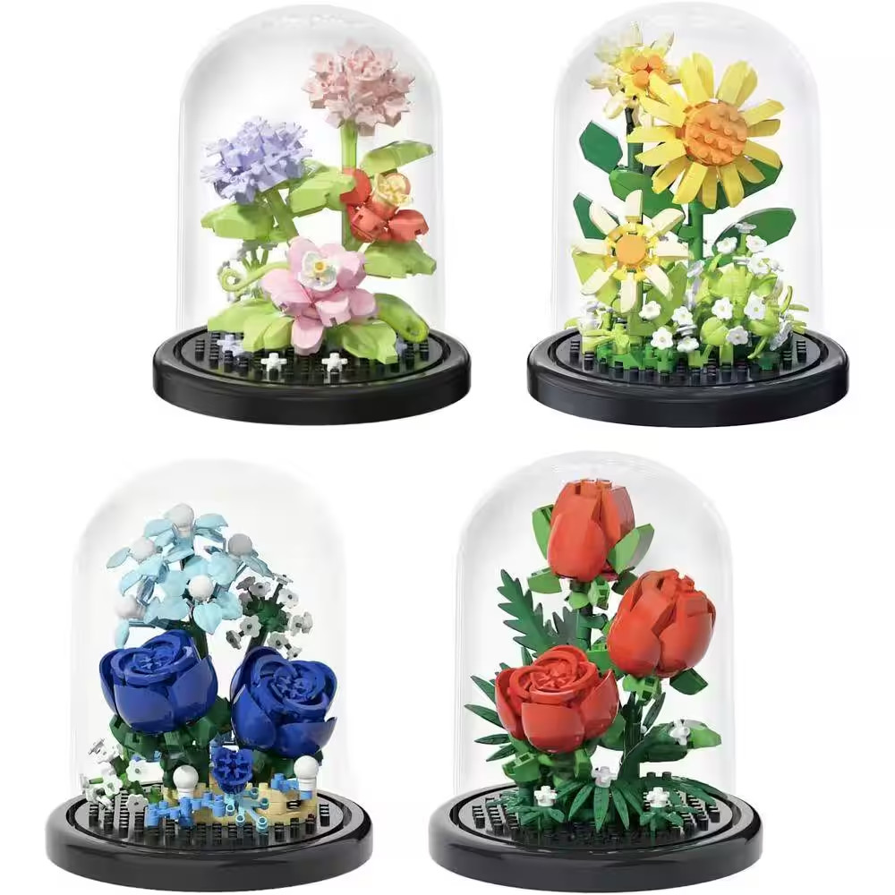 Artificial Flower Bonsai Tree Micro Building Blocks Kit with Dust Cover, Botanic