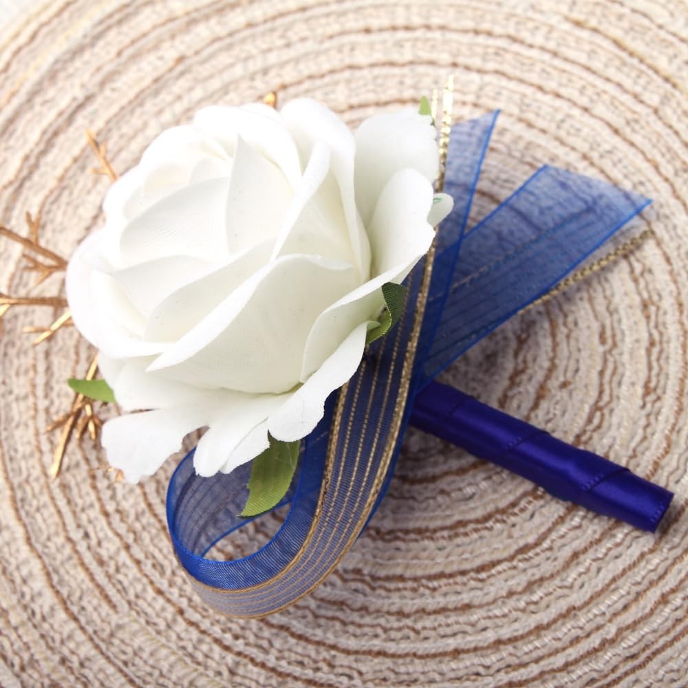 Ivory And Blue Rose Boutonniere For Men Groom Groomsmen Wedding 1 PC