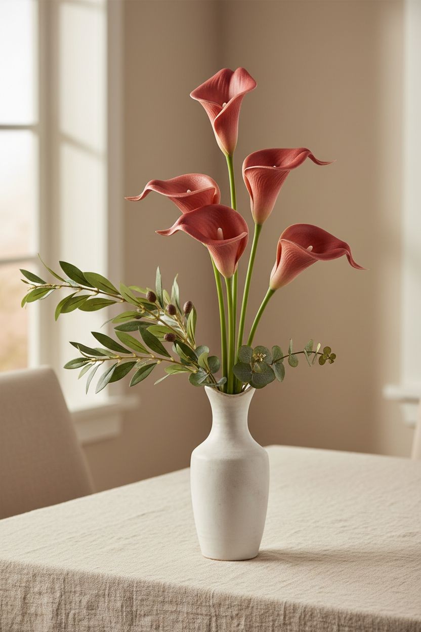 Terracotta Artificial Calla Lily Stems Set of 5 13 Inch Faux Flowers for Rustic