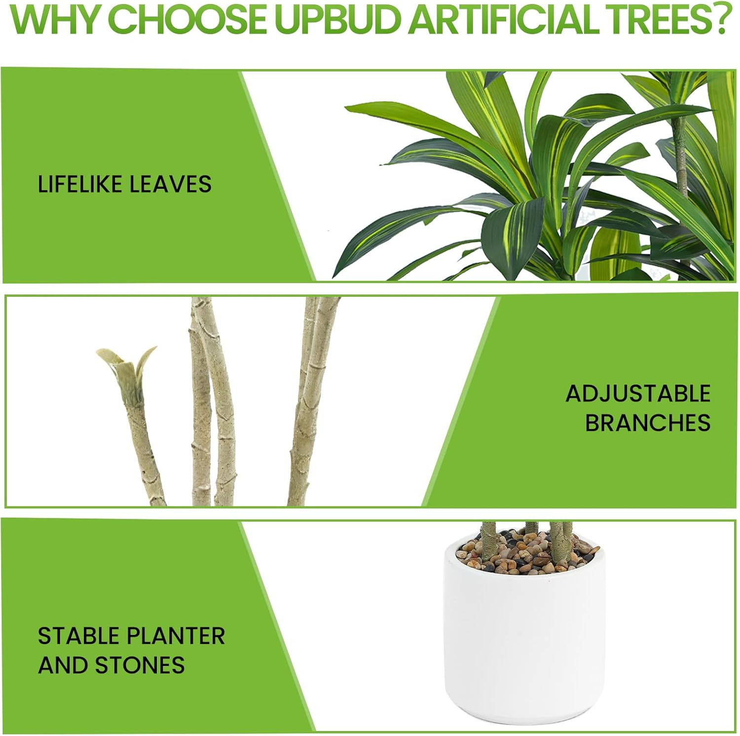 Artificial Dracaena Tree, 5FT Tall Fake Plants with Real Touch Leaves & White Pl