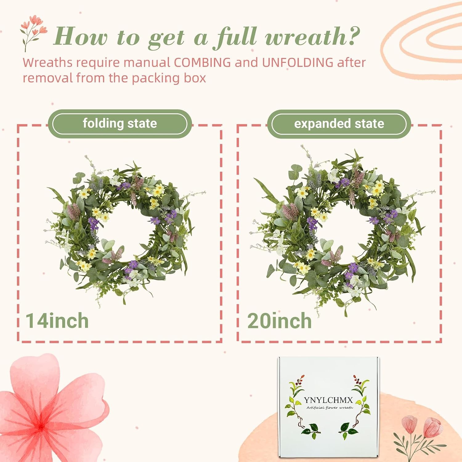 20-Inch Handcrafted Spring Summer Wreath with Eucalyptus & Multi-Colored Flowers