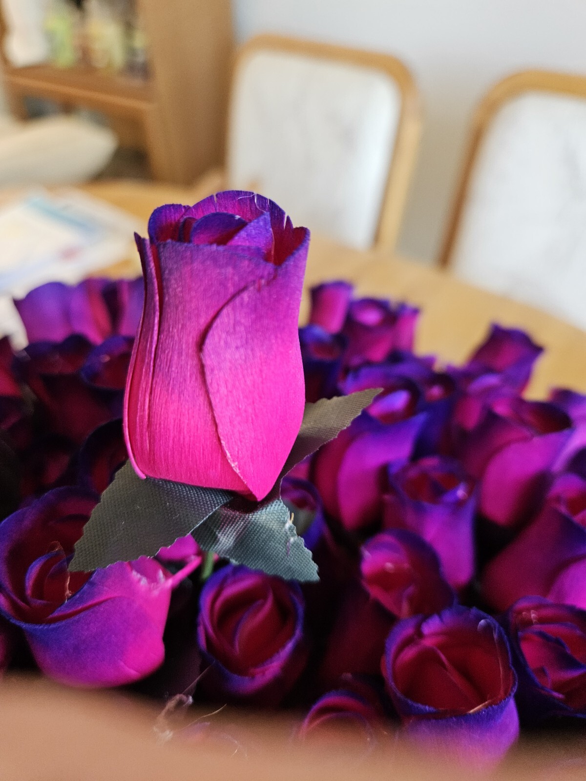 1 DOZEN – HOT PINK- PURPLE WOODEN ROSE BUDS 5 X 8 ARTIFICIAL FLOWERS