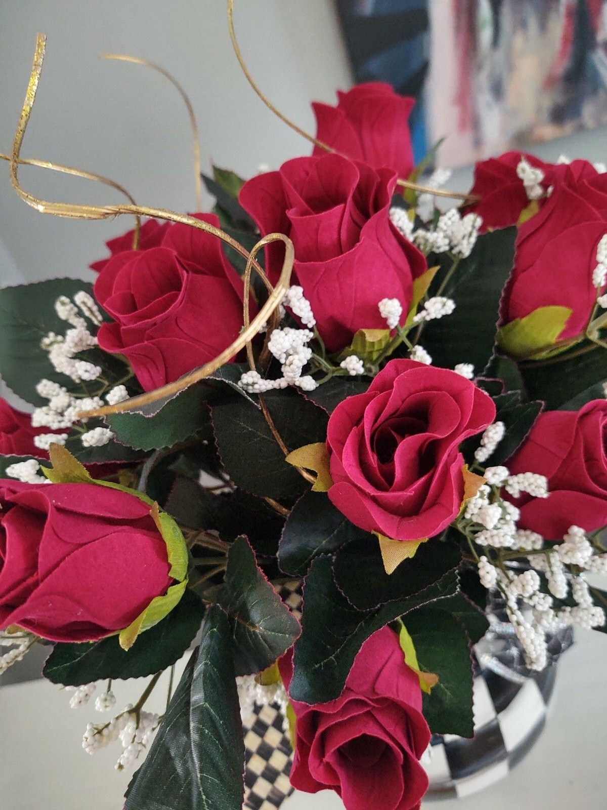 MY OWN HP Whimsical Vase & Red Rose Flowers w/ Designer Check Ribbon