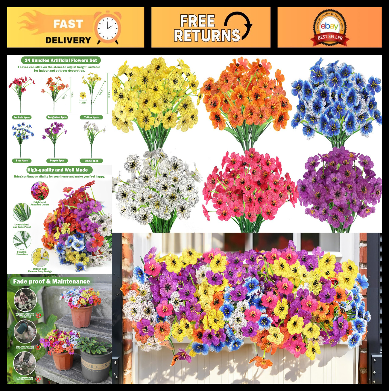24 Bundles UV-Resistant Fake Outdoor Flowers – Realistic Plastic Faux Plants for