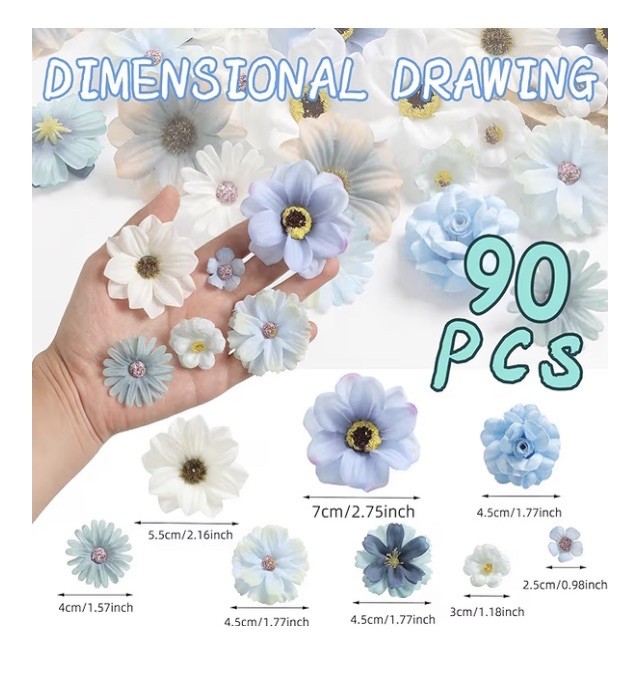 90 Pcs Mini Artificial Silk Flower Heads Blue Peony Daisy Rose Floral Appliqué