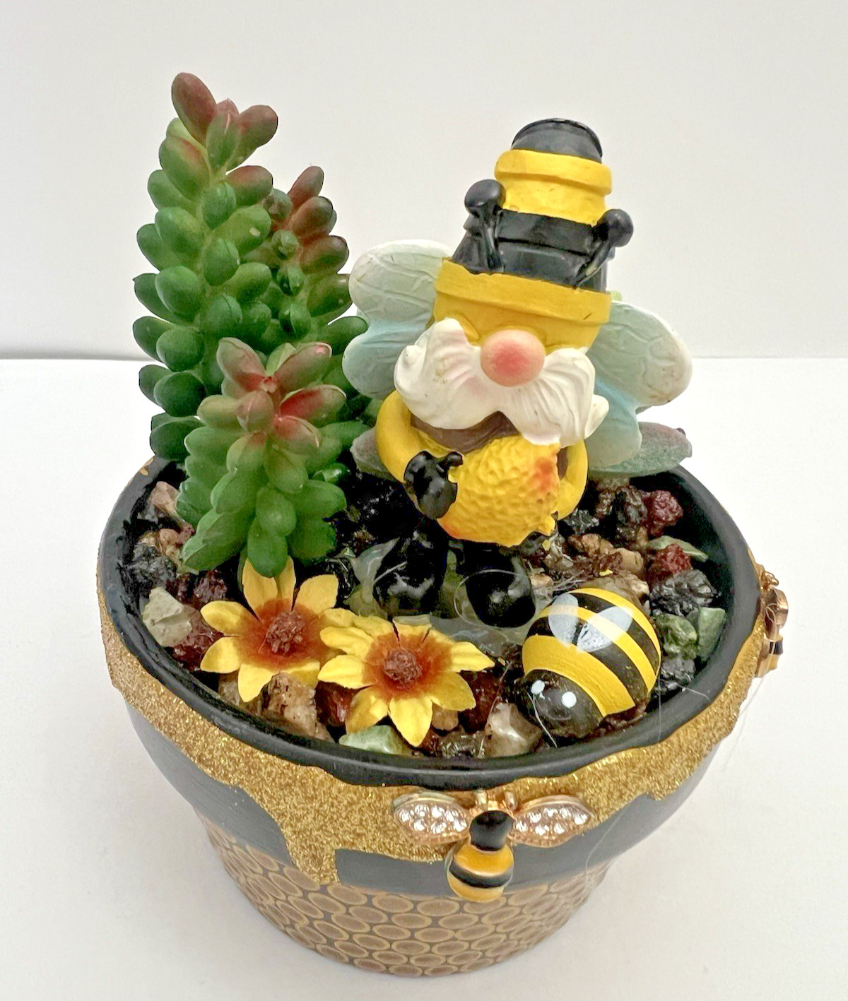 Handmade Gnome Planter Pot Fake Cactus Bumble Bee Theme Artificial Succulent