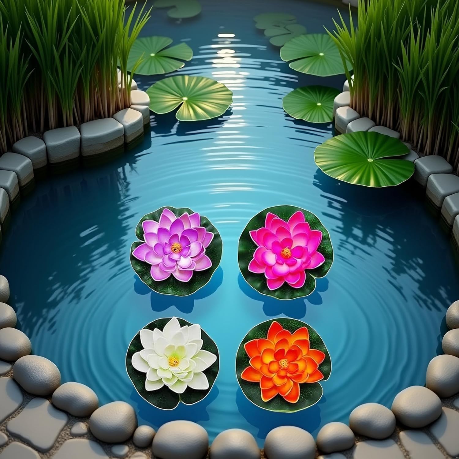 4Pcs Artificial Flowers Water Lily Foam Lotus Flower Pond Decor for Pond Pati…