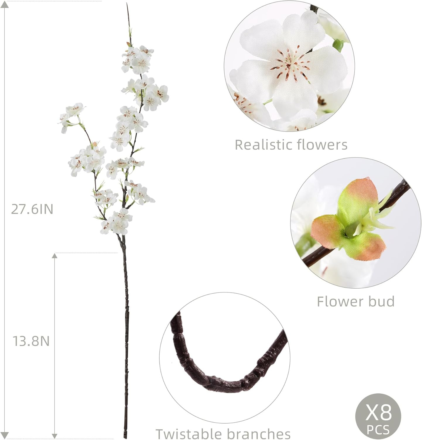 Silk Cherry Blossom Branches 27.6In – 8PCS White Floral Decor for Home & Events