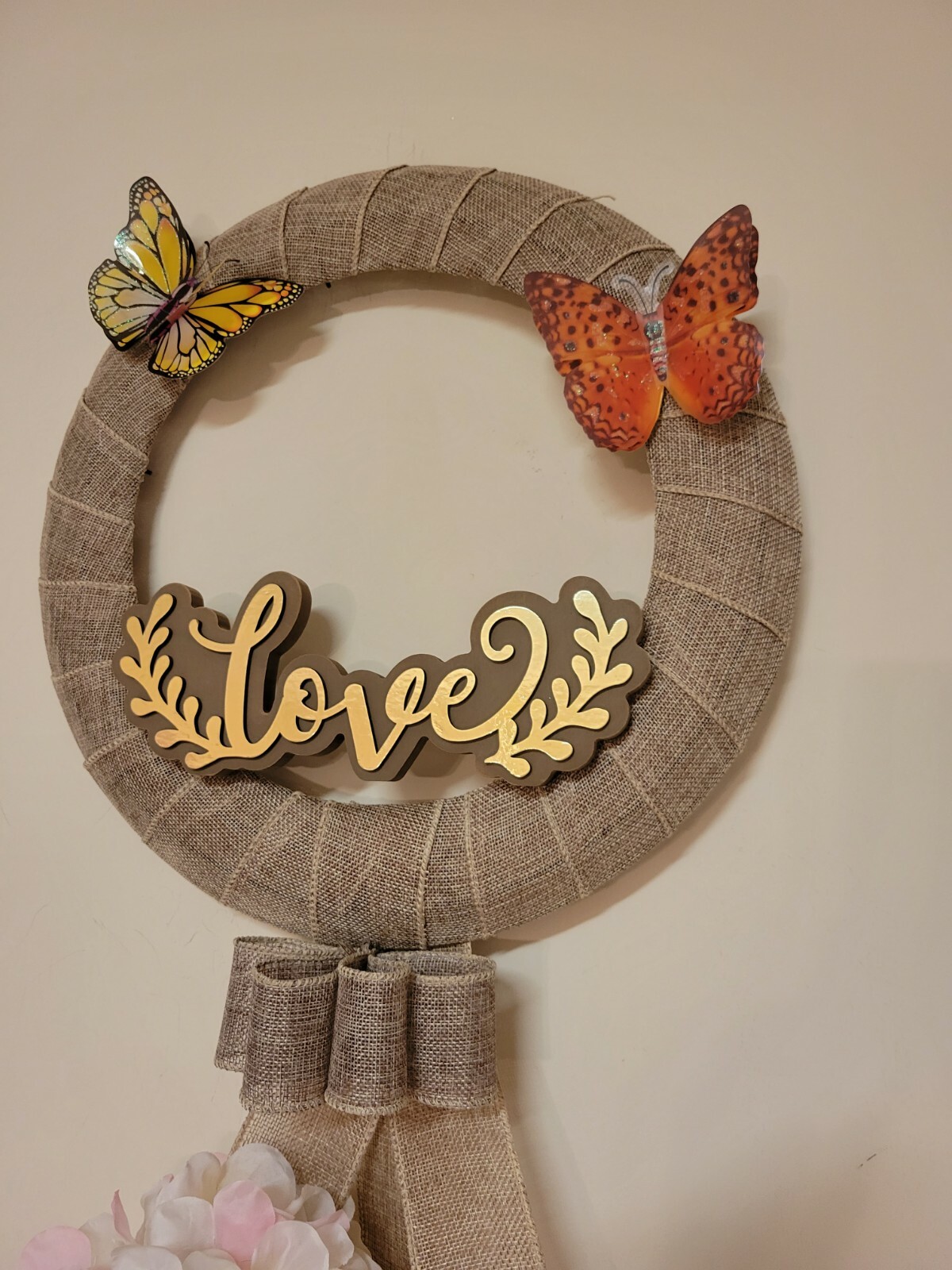 Golden LOVE coral 3D BUTTERFLY wreat WHITE PINK Hydrangeas burlap Front Door NEW