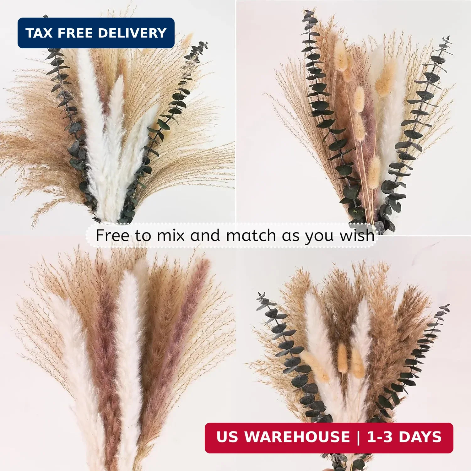 Pampas Grass Decor, Dried Flower Bouquet with Bunny Tail Grass, Pampas Grass & E
