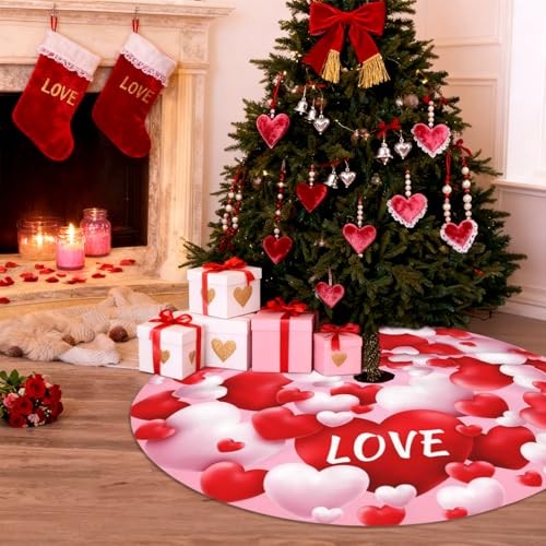 Valentine’s Day Tree Skirt 48 Inch ，Heart Suede Tree Skirt for 48inch Pink