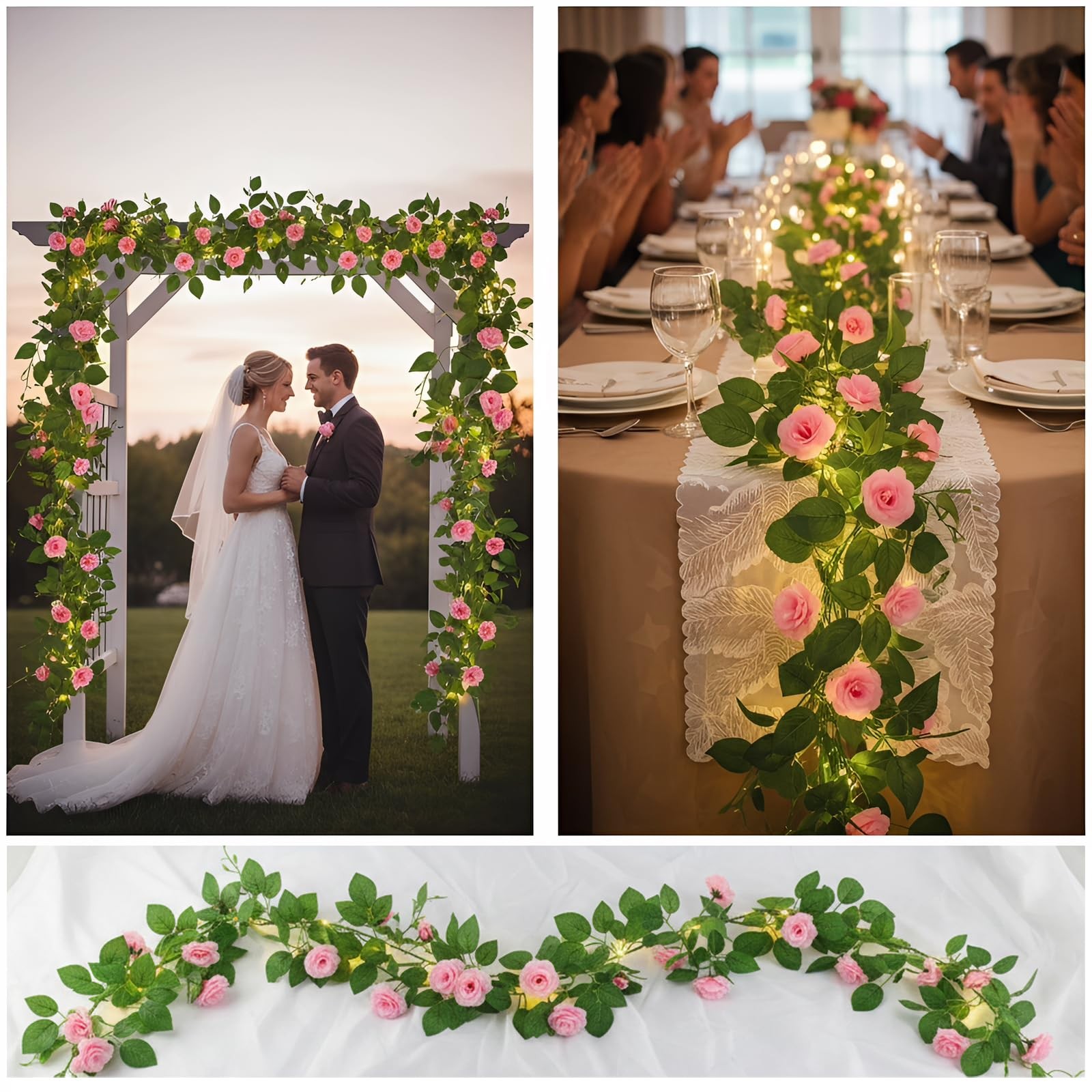 5.9ft Artificial Rose Flower Garland with 70 LED String Lights