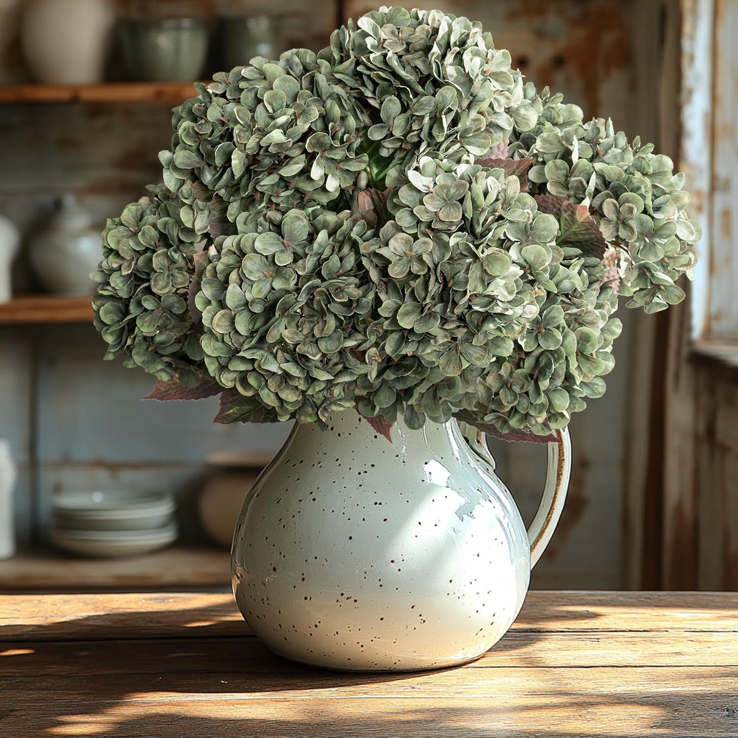 Green Artificial Silk Hydrangea Flowers for Fall Decor – 8 Pcs Bouquet