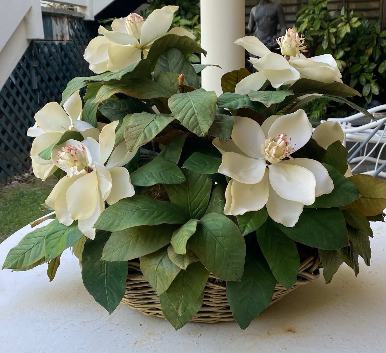 NDI Arrangement Large Basket Of Magnolias Vintage Approx 24”X20” Very Realistic