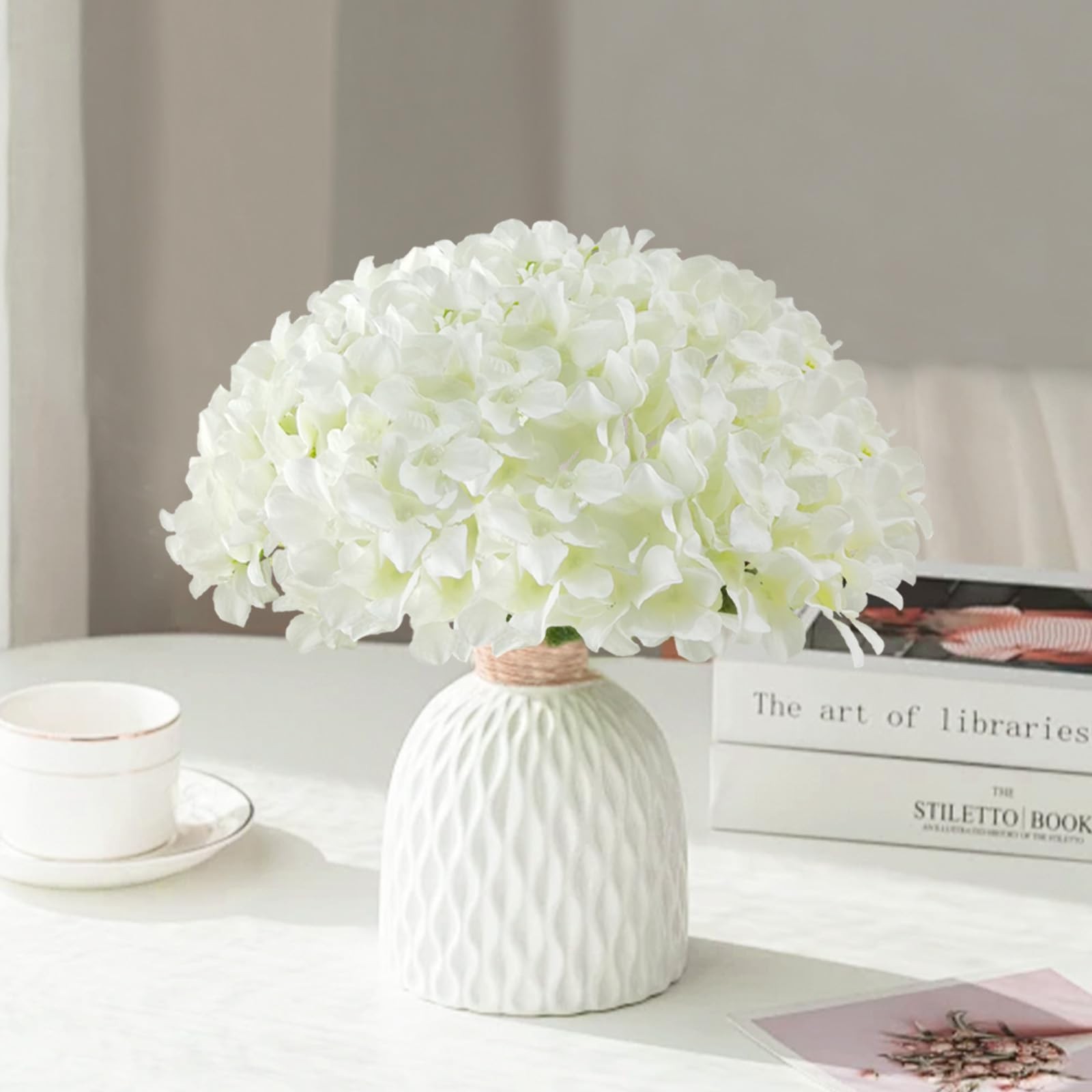 100 Pcs Faux White Hydrangea Flowers – Silk Heads with Stems for Wedding, Party,